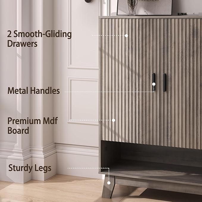 BOXACTION 4-Tier Fluted Shoe Cabinet with 2 Doors & Open Shelf, Mid Century Modern Shoe Storage Organizer with Adjustable Shelves, Metal Handles & Wood Legs, Hidden Shoe Rack for Entryway, Hallway