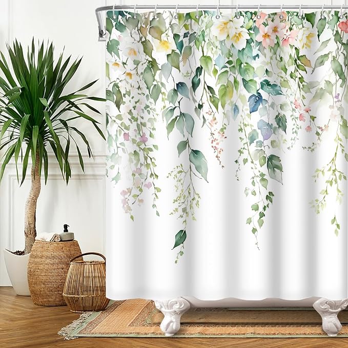 Sage Green Eucalyptus Shower Curtain Watercolor Botanical Floral Leaves Shower Curtain Set Spring Nature Bathroom Decor with 12 Hooks,72x96 Inches