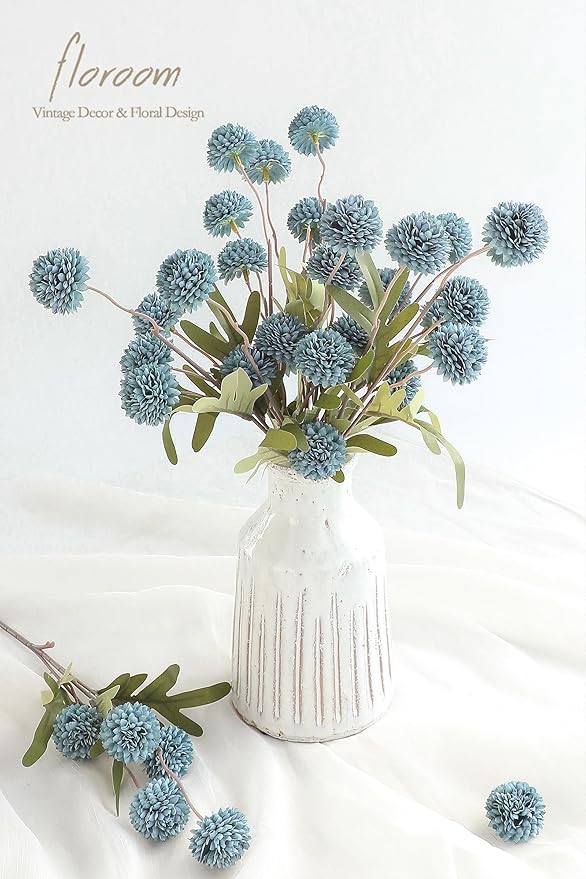 Floroom 6pcs Dusty Blue Faux Silk Mums Artificial Flowers, Bulk Fake Small Mini Chrysanthemums with Stems for DIY Slate Blue Wedding Centerpieces Floral Arrangements Vase Fillers Home Decorations
