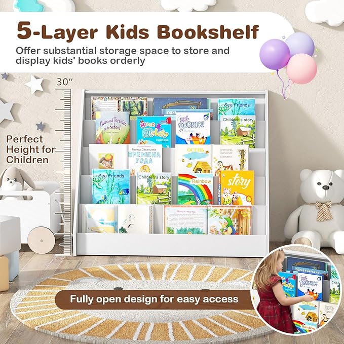 HONEY JOY Kids Bookshelf, 5-Tier Wooden Toddler Bookcase, Children Book Rack & Magazine Display Shelf, Toy Storage Organizer, Book Shelf for Kids Rooms, Playroom, Nursery, Classroom (White)