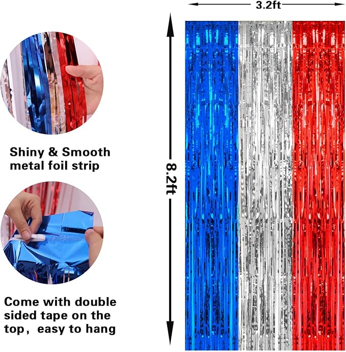 2 Pack 3.2 x 8.2 ft Red White and Blue Foil Fringe Backdrop Curtain, Streamer Backdrop Tinsel Curtains Photo Booth Props for Graduation Birthday Memo