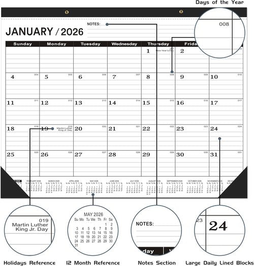 Classic Black Desk Calendar 2026 | Large 22 x 17 Inches | 2-Pack with Plastic Cover