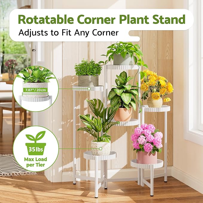 6 Tier Large Plant Stand Indoor with 7.9 Inch Wide Tray, Tiered Corner Metal Outdoor Flower Display Holder Shelf, Foldable Tall Rack for Patio Porch Living Room - WhiteFloroma