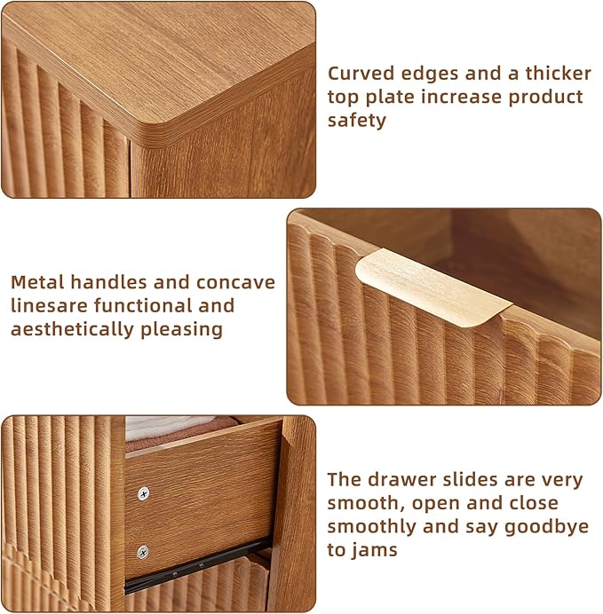 LEYAOYAO Fluted 5 Drawers Dresser for Bedroom Set of 2, 34" Tall Modern Chest of Drawers with Metal Handle, Curved Profile Design,Brown Wood Drawer Organizer for Bedroom, Living Room, Hallway