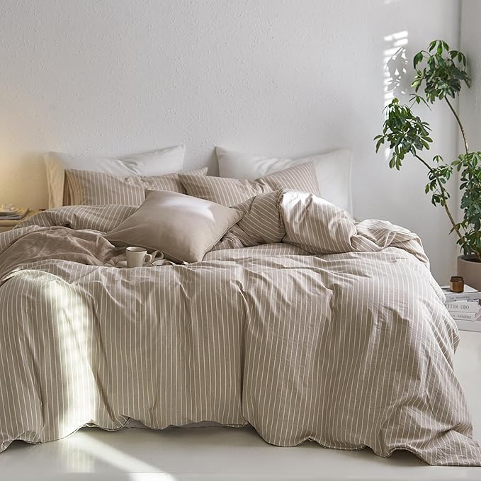 MooMee Striped Duvet Cover Set 100% Washed Cotton Linen Like Textured Breathable Durable Soft Comfy (Tannish Linen Grey White Wide Stripes, Twin 68"x90")