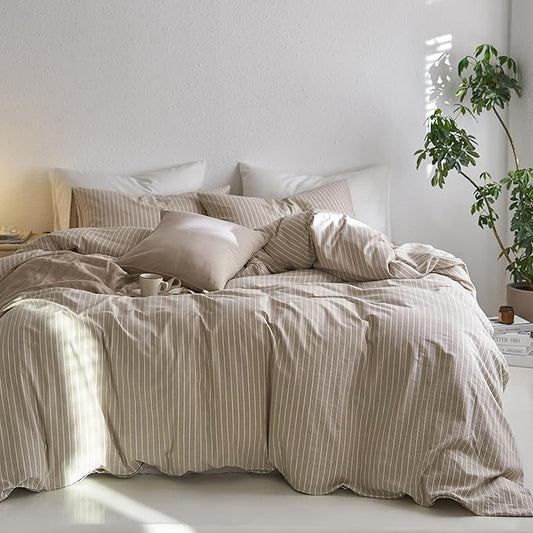 MooMee Striped Duvet Cover Set 100% Washed Cotton Linen Like Textured Breathable Durable Soft Comfy (Tannish Linen Grey White Wide Stripes, King 104"x90")