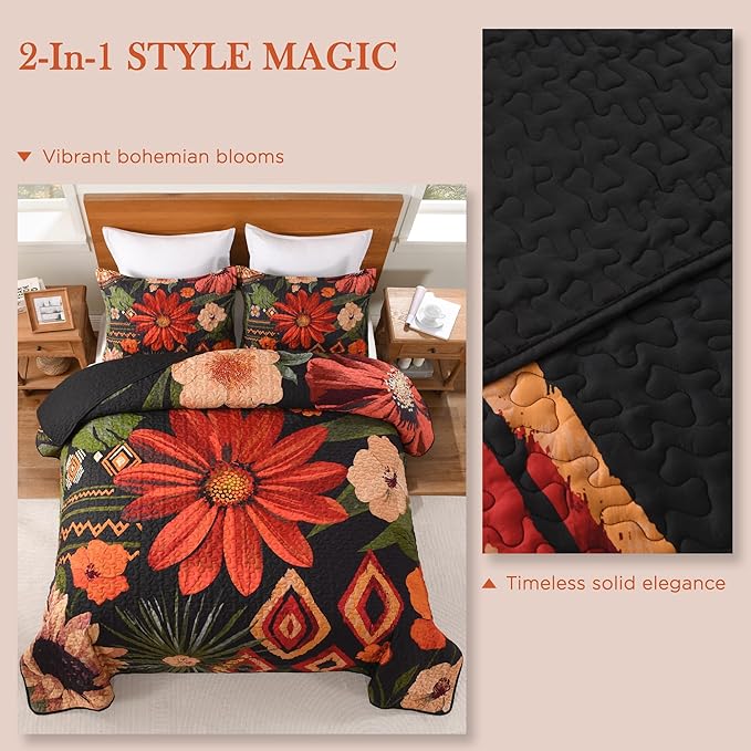 Andency Floral Boho Quilt Super King Plus Size Bedding Set Black, 3 Pieces Farmhouse Flower Botanical Summer Bedspreads with 2 Shams, Soft Reversible Microfiber Coverlet Set for All Season, 128"x120"
