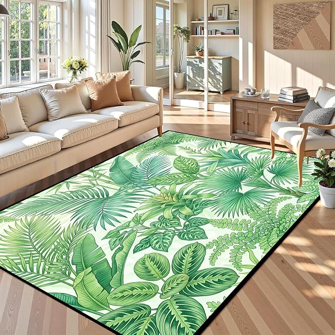 Tropical Leaves Area Rug 6'x9' Green Botanical Palm Fern Leaf Rug Non Slip Washable Indoor Floor Mat for Bedroom Living Room Nursery Kitchen Playroom Home Decor