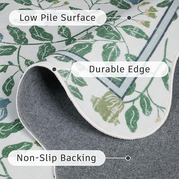 DCX Washable Botanical Floral Rug 5x7, Blue and Green Scalloped Rug, Non Slip Low Pile Carpet for Bedroom, Living Room, Kid & Pet Friendly