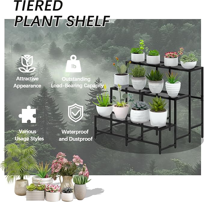 Garden 4 you 3 Tier Large Metal Plant Stand, Garden Display Shelf Flower Pot Holder Storage Organizer Rack for Indoor Home Outdoor Patio Balcony Yard( Black,Rectangle)