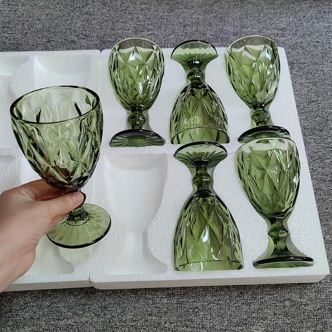 Taganov Green Drinking Glasses Wine Goblets set of 6 Colored Vintage Glassware 10 OZ for Wedding Party Bar New Year Christmas