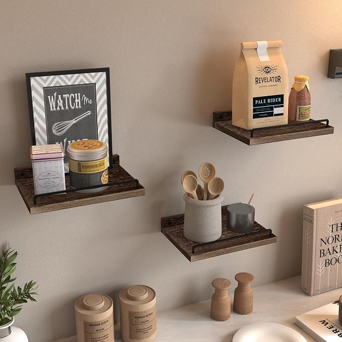 RYOFOBETTO Small Floating Shelf, 6 X 9 Inches Farmhouse Wall Shelves for Living Room, Bedroom, Picture Frames, Plants, Kitchen, Set of 3 (Brown)