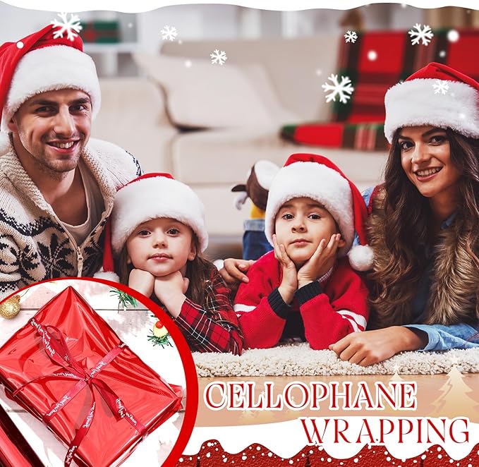 Cholemy 4 Rolls Christmas Cellophane Warp - 100ft Long x 31.5in Wide Green Red Transparent Cellophane Wrap 2.3 Mil Gift Basket Wrapping Paper Roll Plastic Wrap for Art Treats Christmas Decoration