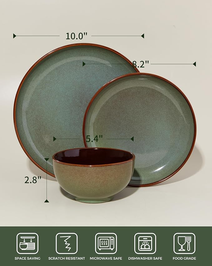 Pokini 36 Piece Stoneware Dinnerware Sets, Ceramic Plates and Bowls Set, Microwave & Dishwasher Safe Kitchen Dish Set, Modern Dinner Salad Plates | Cereal Bowls for 12, Dishware Sets Sage Green