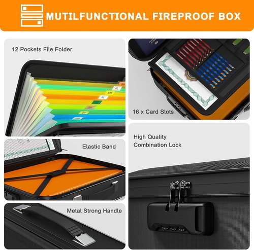 JUNDUN Fireproof Document Box - Portable Hard Case Organizer with Lock for Letter Size Files | Black