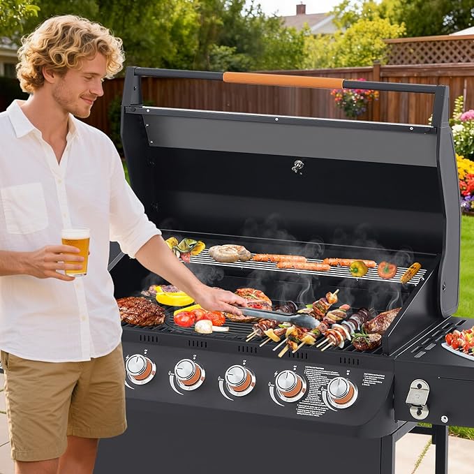 Lyromix 6 Burner Propane Gas Grill with Side Burner, Gas BBQ Grills With Porcelain-Enameled Cast Iron Grates and Bottle Opener, Grill for Outdoor Cooking, Patios, Backyards, 72000BTU
