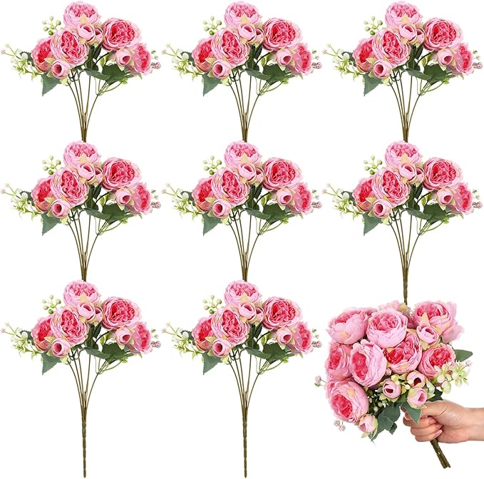 Crowye 8 Bundles Artificial Peonies Realistic Flowers with Stems Bouquet Peonies for Table Centerpieces Wedding Decoration Bridal Floral Arrangement (Dark Pink)