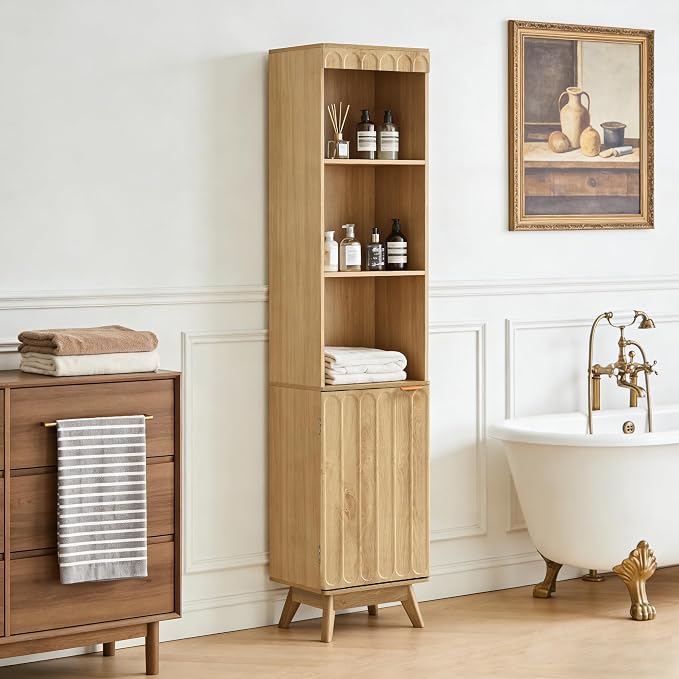 71" Tall Narrow Bathroom Storage Cabinet with Door, Small Fluted Cabinet with Adjustable Shelves & 3-Tier Open Shelf, Modern Freestanding Slim Organizer for Space Saving Living Room Kitchen (Natural)