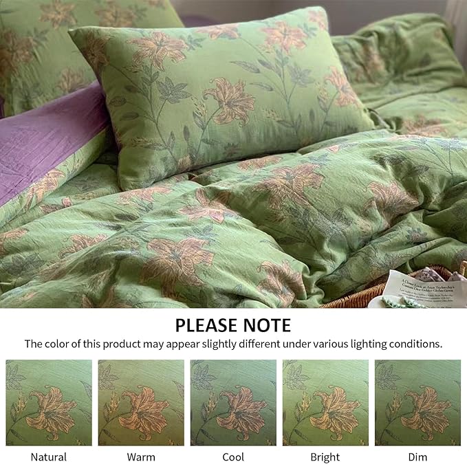 VM VOUGEMARKET Green Flower Duvet Cover Set Twin,3Pcs Yarn-Dyed Linen Cotton Jacquard Duvet Cover with 2 Pillowcases Garden Style Green Purple Bedding Set for Girls Women Without Comforter