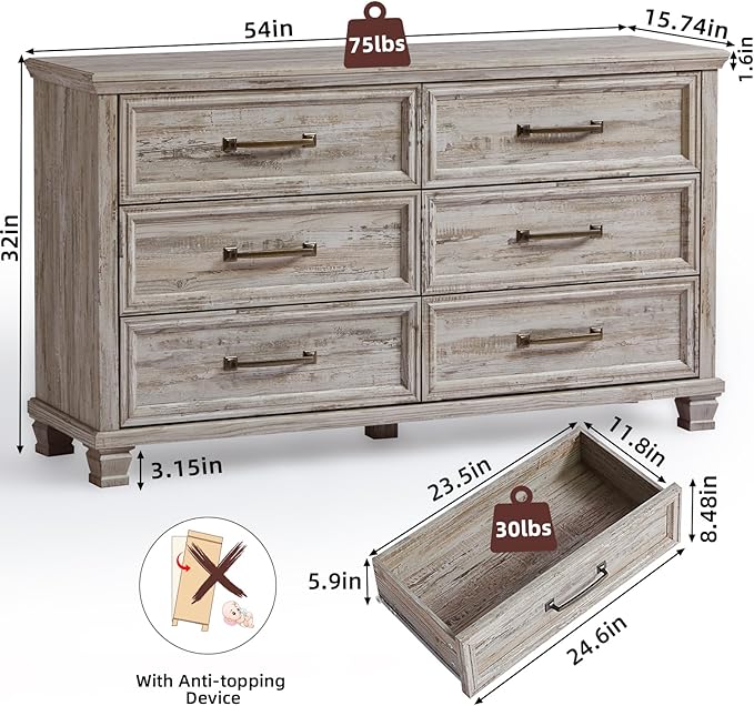 Farmhouse 6 Drawer Dresser for Bedroom, 54 inch Wide Large Vintage Chest of Drawers with Square Solid Wood Legs, Rustic TV Stand for Living Room, Wooden Storage Dressers for Hallway, Grey
