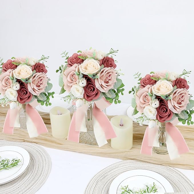 Set of 6 Bridesmaid Bouquets for Wedding - 7 Inch Artificial Flowers Bouquets for Ceremony Anniversary Centerpieces Decorations - Pink and White