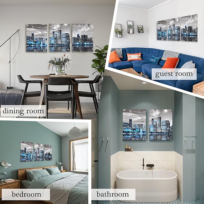 SERIMINO Wall Decor Living Room Modern City Chicago Skyline Large Canvas Wall Art for Bedroom Poster for Office Farmhouse 3 Pieces Set Wood Framed Night Scene Prints Paintings for Home 20"X28"