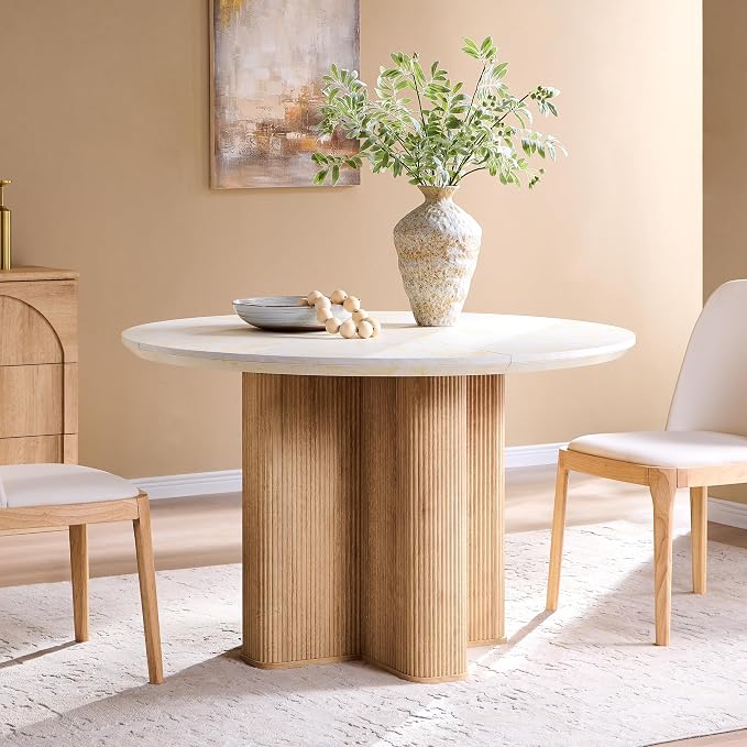 T4TREAM 47" Fluted Round Dining Table for 4-6, Mid-Century Modern Kitchen Table with Thickened Edge & Sturdy Pedestal Base for Kitchen Living Room,Marble & Natural Oak