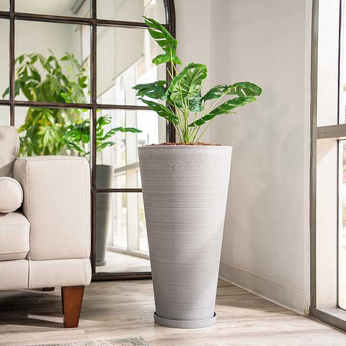 XBrand Modern 28-Inch Tall Round Planter, Modern Tapered Planter Perfect for Indoor & Outdoor Planter, Patio Décor, Set of 2, Gray