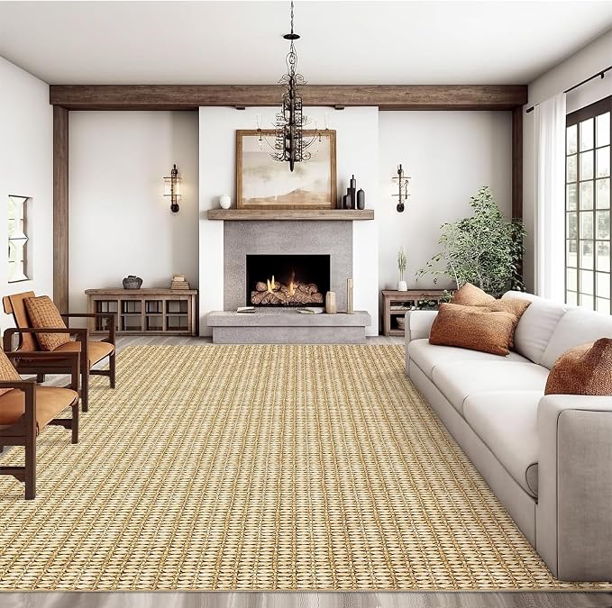 Washable 10x13 Modern Braided Print Area Rug for Living Room Low Pile Soft Bedroom Rugs Non Slip Modern Large Carpet Thin Foldable Boho Vintage Indoor Carpet for Playroom Open Living Room,Camel