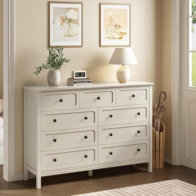 CARPETNAL Beige Dresser for Bedroom, 55" Wide 9 Drawer Dresser with Metal Handles and Deep Drawers, Modern Large Wood Chest of Drawers for Living Room, Hallway.