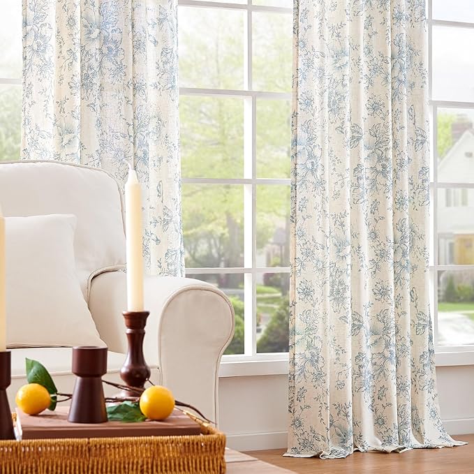 jinchan Linen Blend Curtain Floral Curtains for Living Room 96 Inch Length Blue Printed Curtain Back Tab Farmhouse Peony Flower Patterned Drapes Bedroom Window Curtains Set 2 Panels