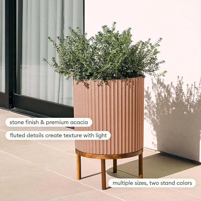 Veradek Demi Series Round Planter w/Stand for Porch/Patio | Durable Plastic-Stone Composite & Wooden Stand | Modern Décor for Tall Plants, Flowers