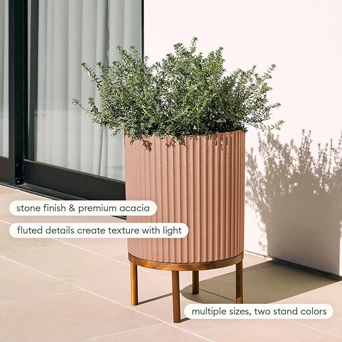 Veradek Demi Series Round Planter w/Stand for Porch/Patio | Durable Plastic-Stone Composite & Wooden Stand | Modern Décor for Tall Plants, Flowers