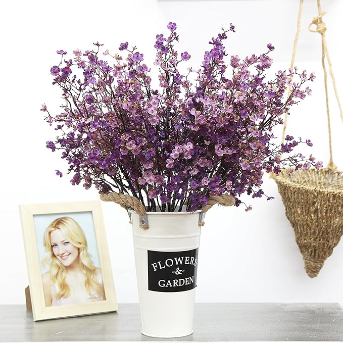 Babys Breath Silk Artificial Flowers Bulk With Vase 10pcs for Fall Decor Fake flower bouquet Bulk for Home Kitchen Indoor Bouquet Floral Arrangement Table Centerpieces Decor(Autumn Purple )