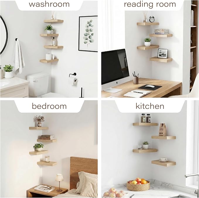 Oak Floating Shelves for Wall Set of 4, 11.8 Inch Small Wood Wall Shelves for Bathroom Over Toilet, Kitchen & Bedroom Storage, Wall Mounted Shelves for Spice Jars, Coffee Bar & Decor