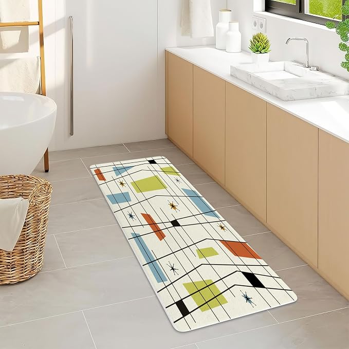 DYNH Mid Century Kitchen Rug Bath Rug, Aesthetic Abstract Geometric Mid Century Bath Mat Rug, Teal Blue Retro Grid Starbursts 1950S 1960S Modern Minimalist Floor Rug mat for Kitchen/Bathroom,17X48IN
