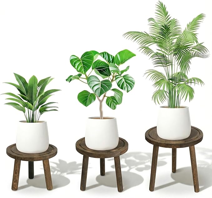 Wood Plant Stands Indoor, 3-Pack Single Plant Stand for 6-12 Inch Pots, Mid-Century Modern Plant Stool, Tall Wooden Plant Stand for Large Plants Perfect Fit for Living Room, Balcony, Office(Dark Brown)