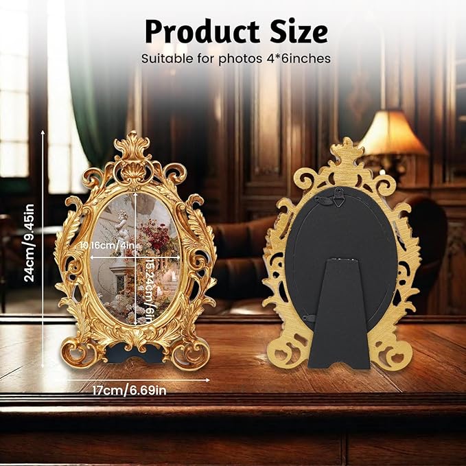 Oval Photo Frame 4x6, Gold Vintage Resin Picture Frames with Glass Cover, Antique Picture Frame for Living Room, Retro Handmade Photo Frames for Tabletop or Wall Hanging, Pictures Display Frames Art