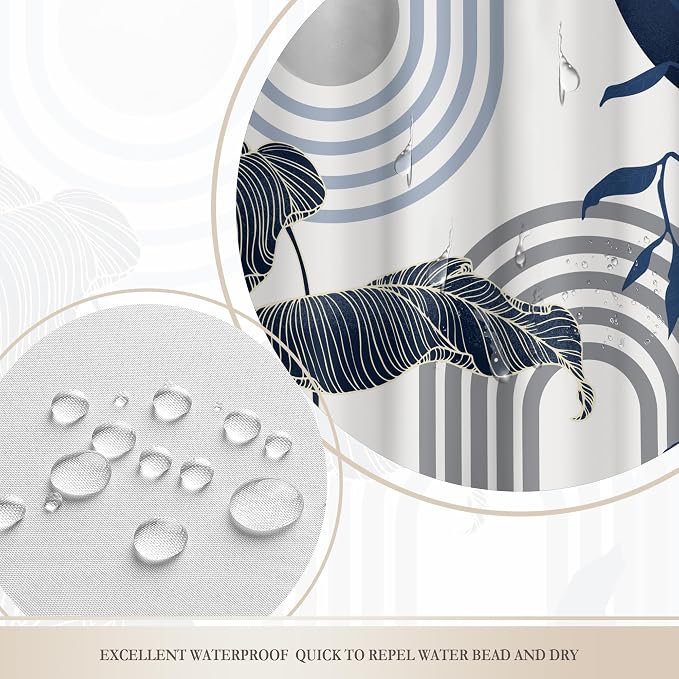 Glawry Mid Century Abstract Shower Curtain Blue Grey Boho Palm Tree Leaf Sun Arch Minimalist Geometric Bathroom Modern Aesthetic 60Wx72L Inches Bath Accessories Art Home Decor Fabric 12 Pack Hook