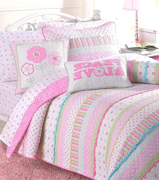Cozy Line Home Fashions Pink Ruffle Flowers Polka Dot Girl 100% Cotton Reversible Quilt Bedding Set, Coverlet, Bedspread for All Seasons (Twin - 5 Piece)
