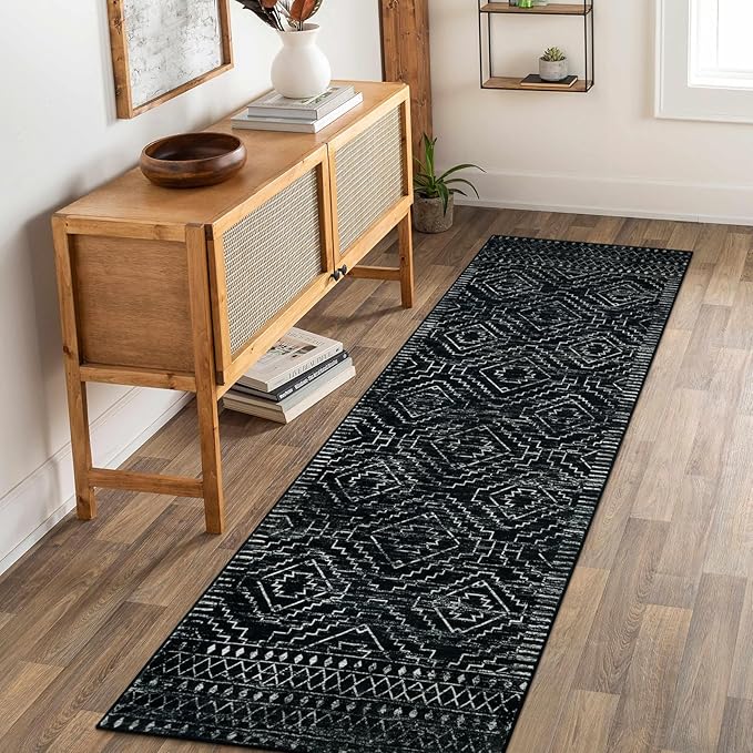 Wonnitar Moroccan Runner Rugs for Hallway 2'6"x8', Black Washable Boho Kitchen Non-Slip Rug Runner, Geometric Tribal Long Soft Bathroom Accent Area Rug for Entryway Laundry Bedroom (Black,2'6"x8')