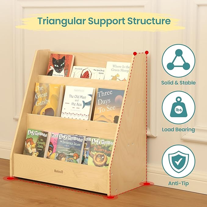 Kids Bookshelf for Toddlers, 3-Tier Wooden Montessori Bookshelf, Classic Style, Children's Bookcases, Nursery, Classroom, Playroom