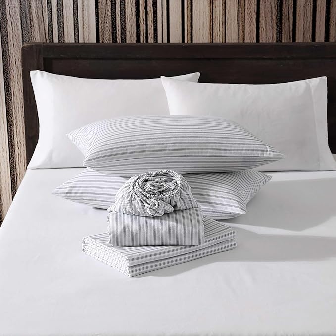 Eddie Bauer - Full Bed Sheets, Cotton Flannel Bedding Set with Matching Pillowcases, Brushed for Extra Softness, Deep Pocket, Oeko-Tex Certified (Ticking Stripe Grey)