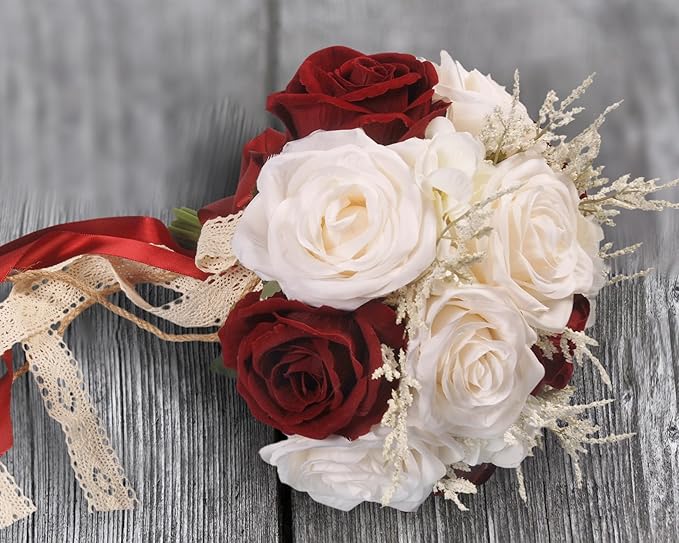 Wedding Bouquets for Bride, Champagne White & Burgundy Bridal Bridesmaid Wedding Flowers, Artificial Toss Rose for Civil Ceremony (Jute Rope Handle)
