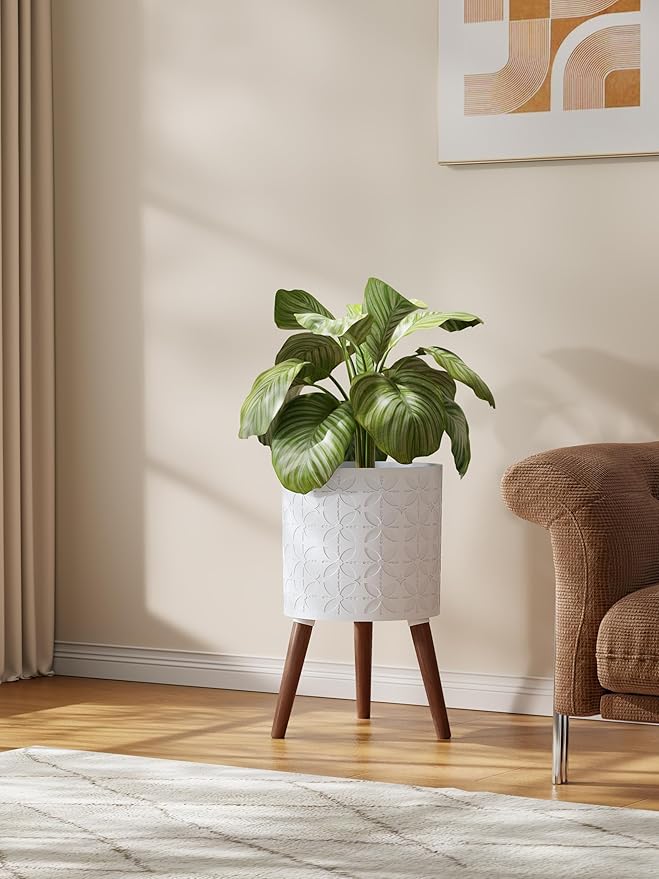 10 Inch Planters Pot with Stand, Planter for Indoor Plants, Modern Large Flower Planter Pot with Drainage Holes for Outdoor,Matte White