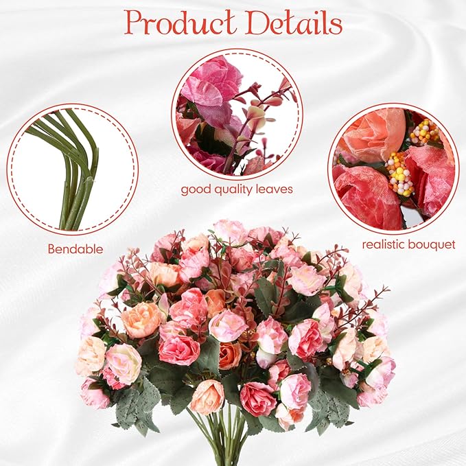 Geosar 8 Pcs Rose Artificial Flowers Fake Flowers Bouquet 21 Heads Silk Faux Floral Bundles with Stem for Home Bridal Wedding Arrangements Table Centerpieces Party Decor (Pink)