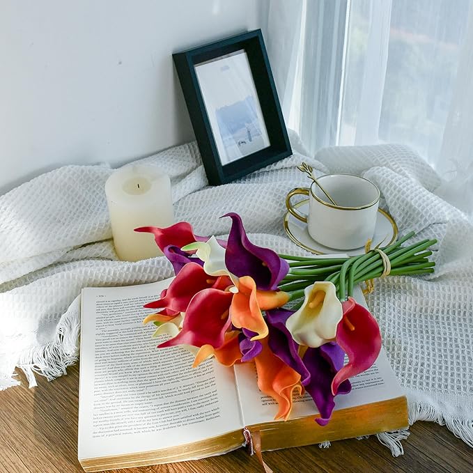 Mandy's PU Colorful Calla Lily Artificial Flowers 12 Stems 13.5in Faux Realistic Centerpiece for Thanksgiving and Christmas Decorations DIY Bridal Bouquet Home Décor