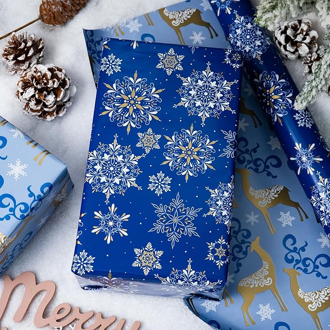 MAYPLUSS Christmas Wrapping Paper Roll - 17 Inch X 33 Feet - Navy Blue Christmas Snowflake Reversible Gold Reindeer Gift Wrapping Paper, Thick Wrap Paper for Holiday Party New Year Kids