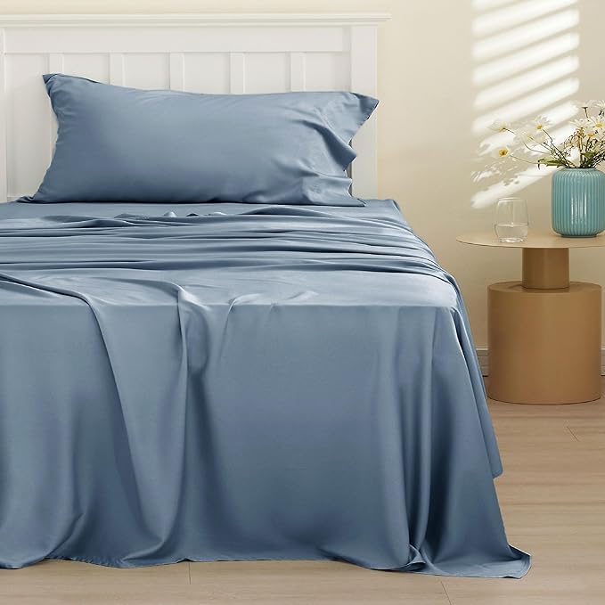 Bedsure Cooling Sheets Twin, Rayon Derived from Bamboo, Breathable & Soft Twin Sheets Set, Deep Pocket Up to 16 Inches, Hotel Luxury Silky Bedding for Hot Sleepers, Dusty Blue