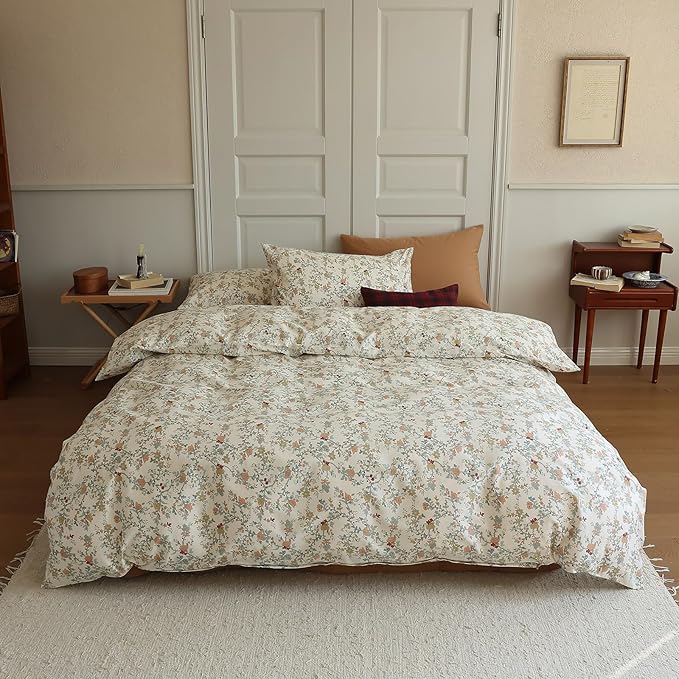 LifeTB Rustic Flower Duvet Cover King Botanical Garden Floral Bedding Set 100% Cotton Vintage Country Style Girls Comforter Cover Flower Branches Pattern Cottagecore Bedding Set King Size